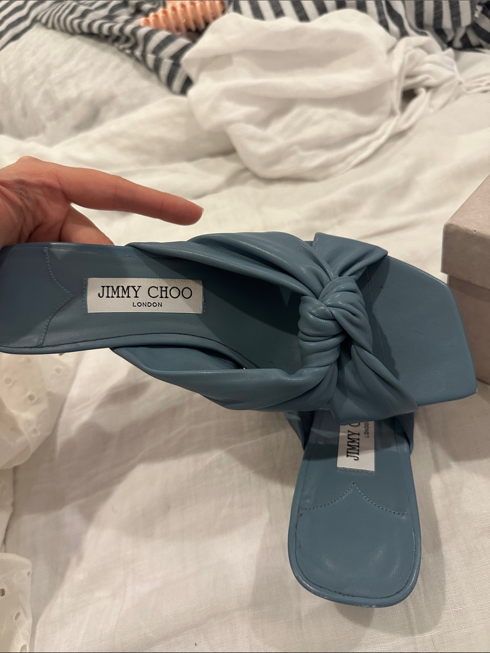 Jimmy Choo Light Blue Knotted Leather Heeled Mules Avenue Smoky Blue - Picture 7 of 7